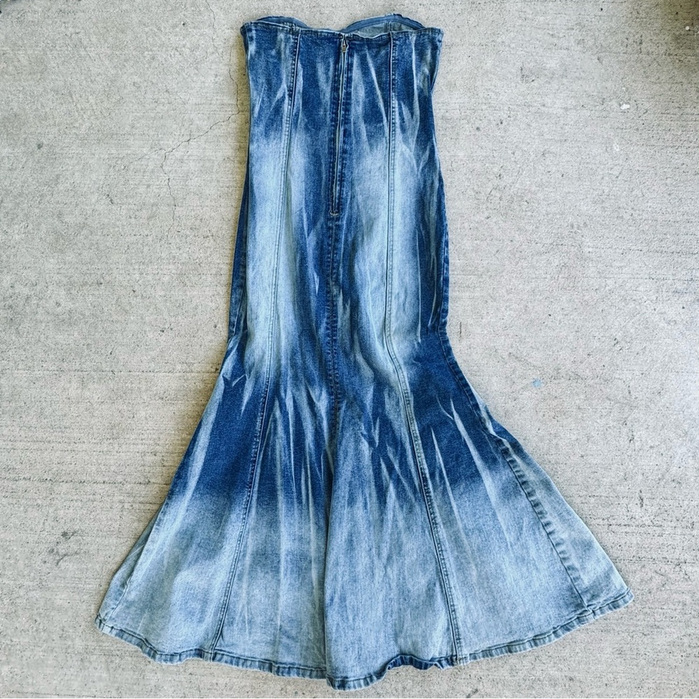 AKIRA Long Sexy Strapless Stone Washed Mermaid Denim Dress w/ Front Slit 0/XS - Picture 2 of 6